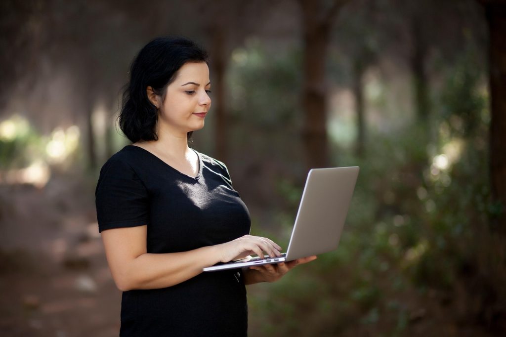 woman, work, laptop, computer, electronic, freelance, nature, forest